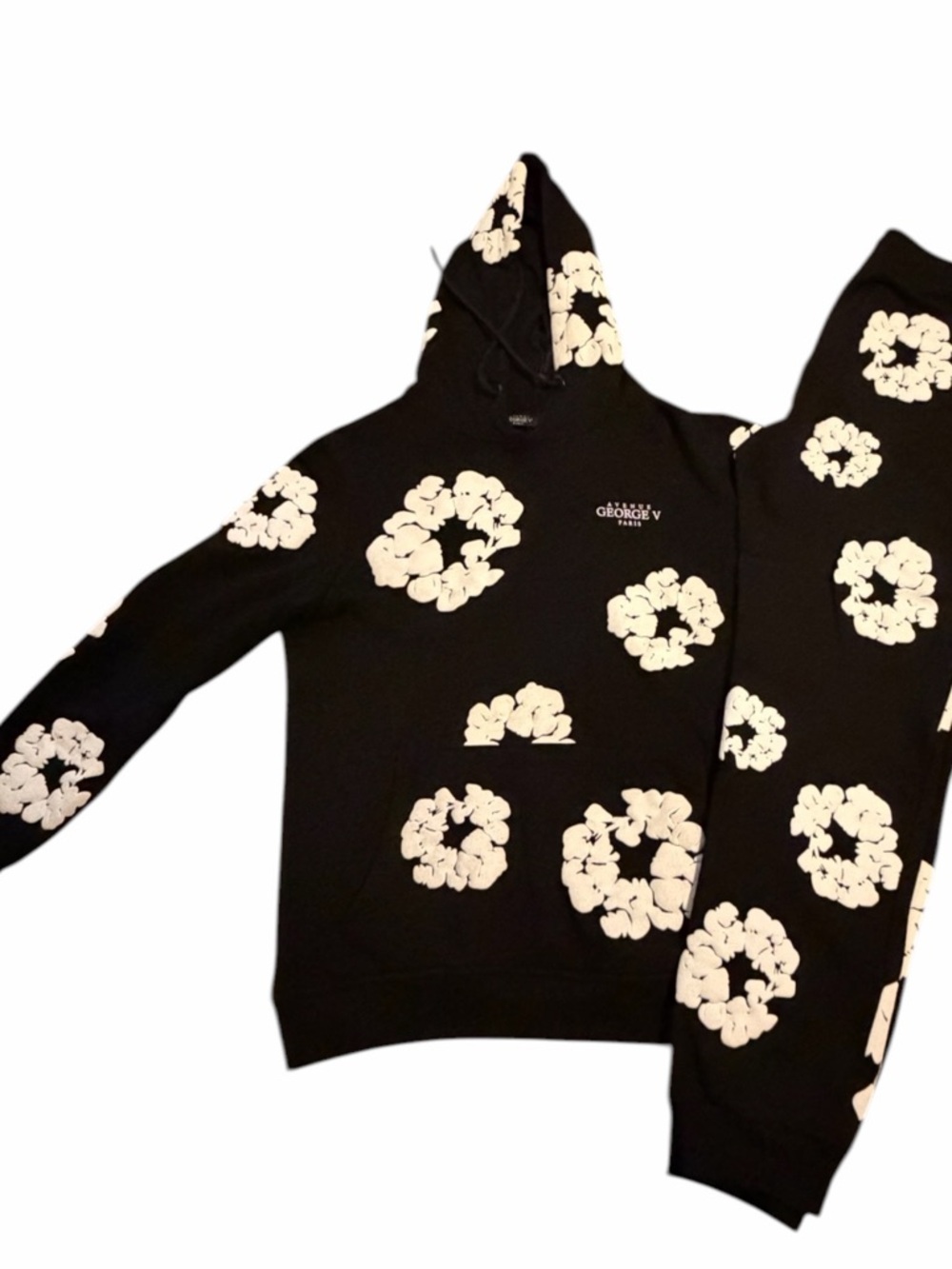 Black Hoodie with White Floral Ring Print